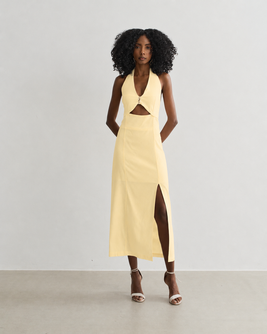 VESTIDO FRENTE U COM AVIAMENTO BUSTO AMARELO