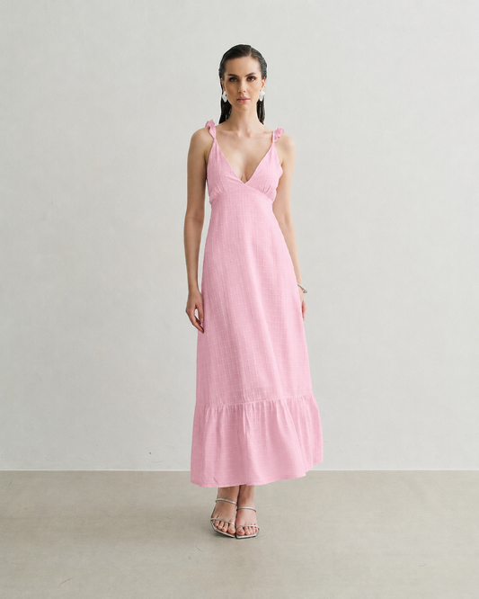 VESTIDO LONGO TEXTURA DETALHE NA ALÇA BALLERINA (ROSA)