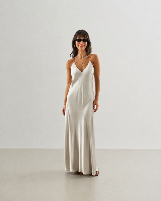 VESTIDO MIDI CETIM ALCINHA GELO