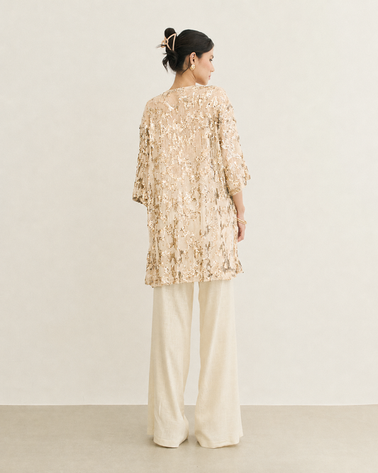 BLUSA KIMONO ALONGADO RENDA PAETÊ AVEIA (BEGE)