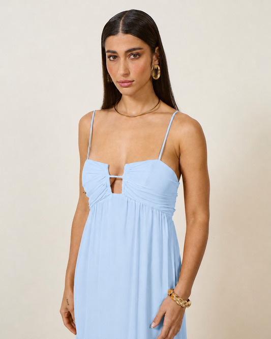 VESTIDO LONGO ABERTURA BUSTO AZUL
