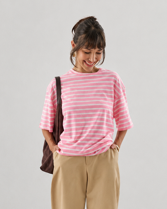 CAMISETA OVERSIZED LISTRADA ROSA