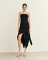 VESTIDO MIDI SEM ALÇAS BABADO ASSIMÉTRICO PRETO