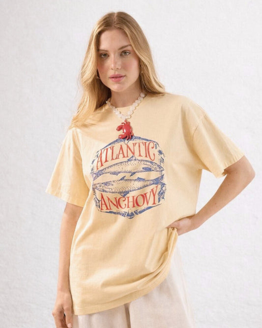 BLUSA CAMISETA  ESTAMPA ANCHOVAS AMARELO