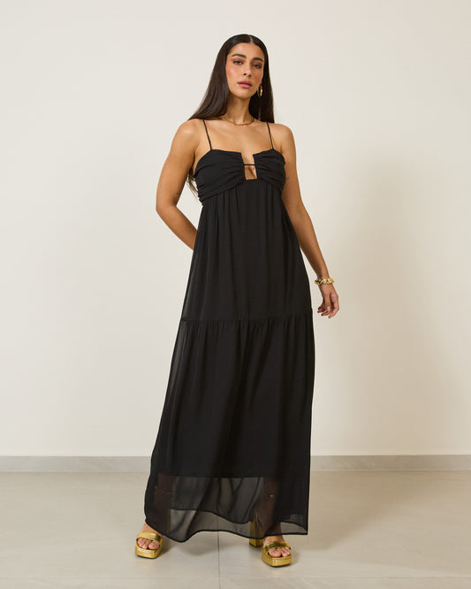 Vestido Longo Com Abertura Frontal PRETO