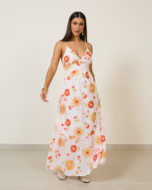 Vestido Longo Bordado Decote V Estampado Off WHITE
