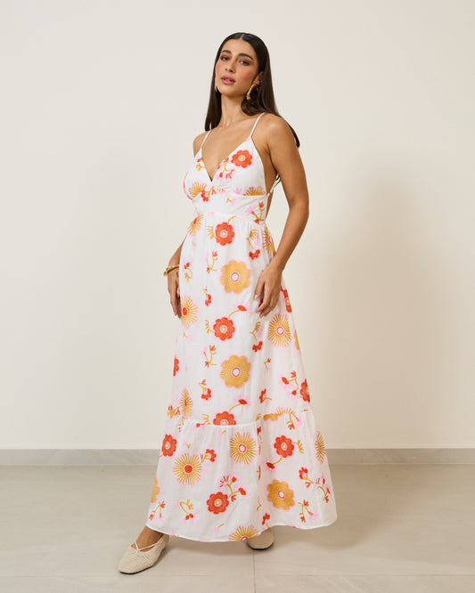 Vestido Longo Bordado Decote V Estampado Off WHITE
