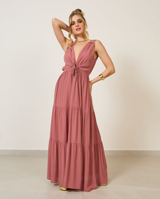 Vestido Longo Decote V Três Marias Rosa QUEIMADO