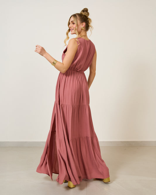 Vestido Longo Decote V Três Marias Rosa QUEIMADO