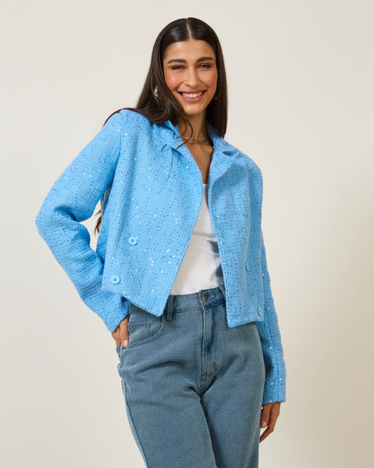BLAZER CURTO TWEED COM PAETÊS AZUL