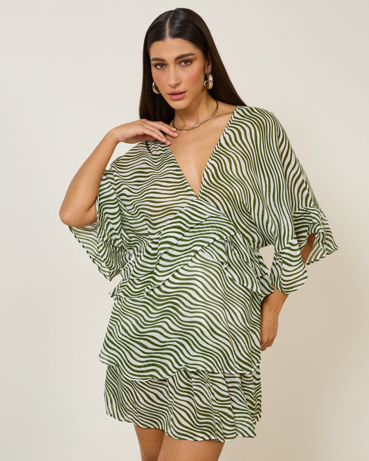 Vestido Decote V Estampado Verde com Off WHITE