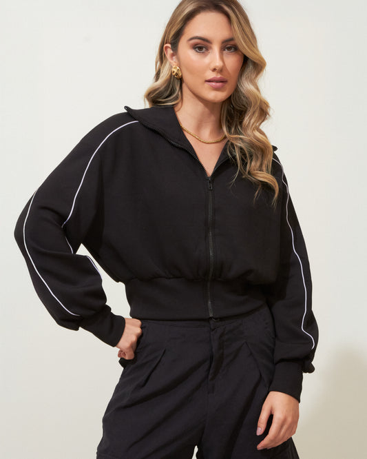 JAQUETA MOLETOM COM DETALHE VIVO PRETO