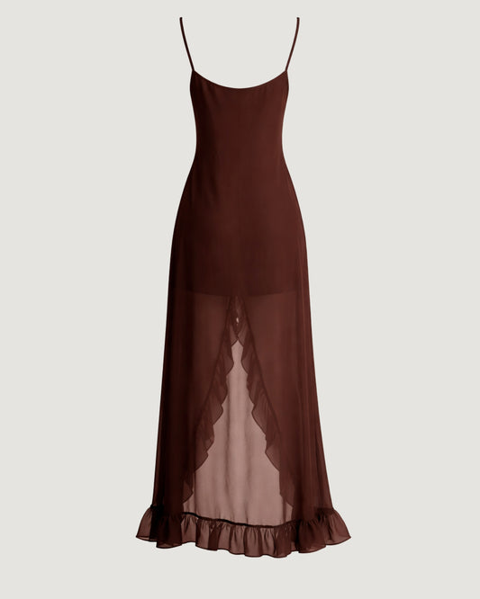 VESTIDO CHIFFON BABADO MARROM