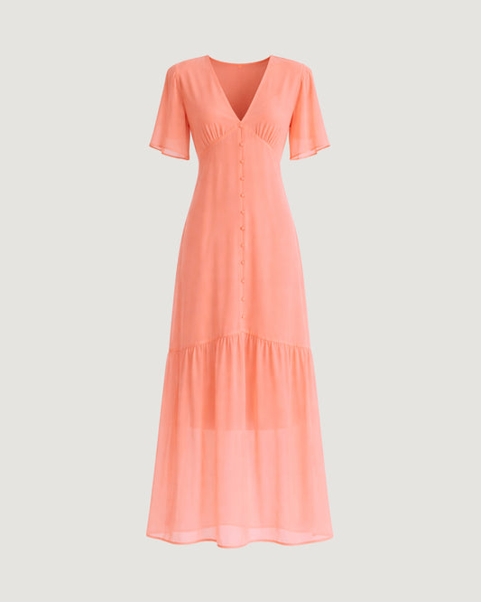 VESTIDO LONGO DETALHES BOTÃO ROSA
