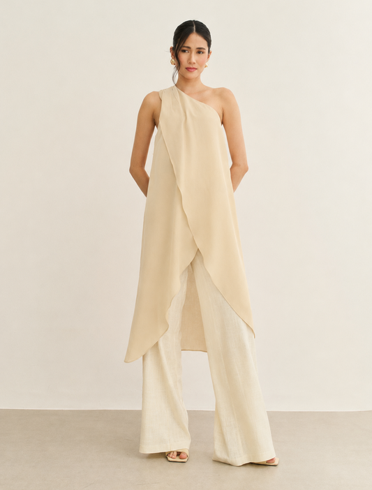 BLUSA  ALONGADA TÚNICA OMBRO SÓ AREIA (BEGE)