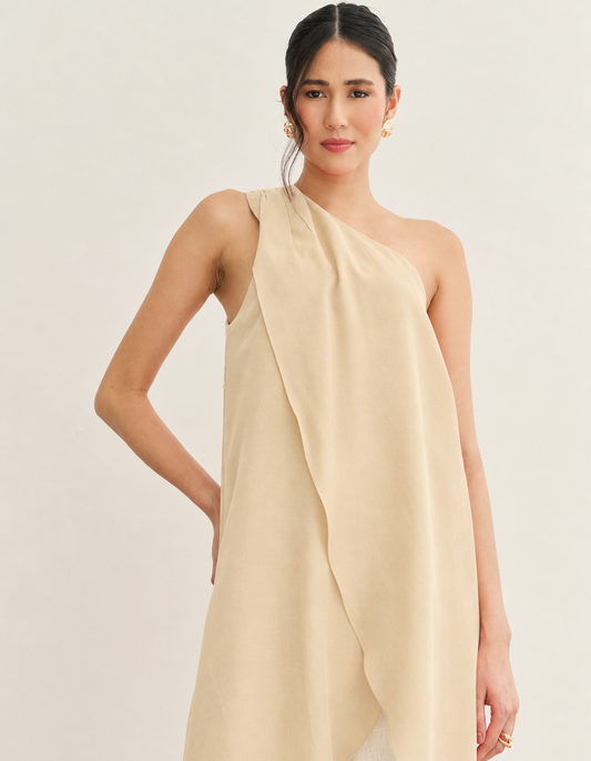 BLUSA  ALONGADA TÚNICA OMBRO SÓ AREIA (BEGE)
