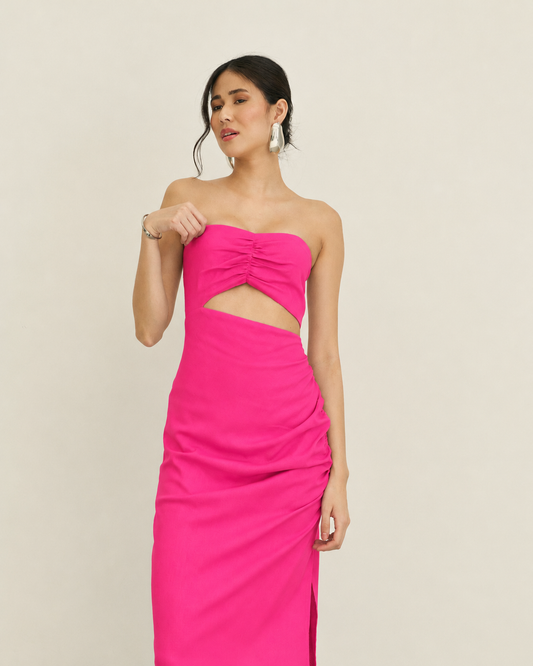 VESTIDO SEM ALÇAS RECORTE ASSIMÉTRICO ROSA SHOCK