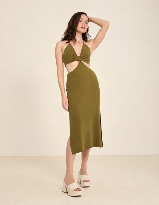 VESTIDO MIDI FRENTE U ABERTURAS MATCHA (VERDE)