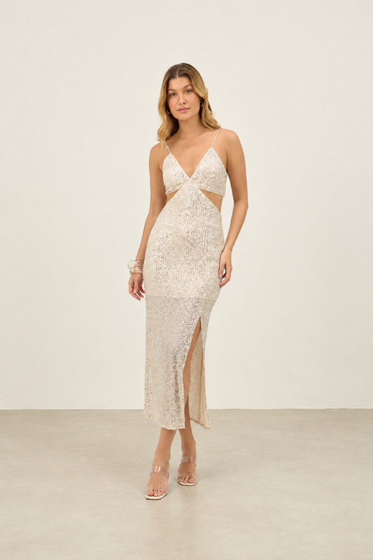 VESTIDO MIDI RECORTES E FENDA PAETÊ PRATA