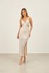 VESTIDO MIDI RECORTES E FENDA PAETÊ PRATA