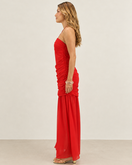 VESTIDO MIDI FRENTE U COM FRANZIDOS VERMELHO