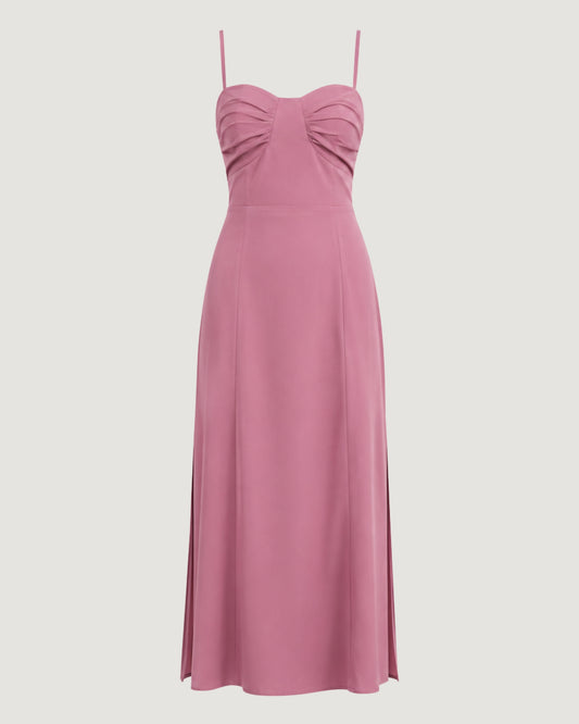 VESTIDO BUSTO ESTRUTURADO COM FENDA LATERAL FLOR SECA (ROSA)