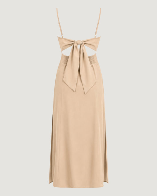 VESTIDO BUSTO ESTRUTURADO COM FENDA LATERAL BEGE