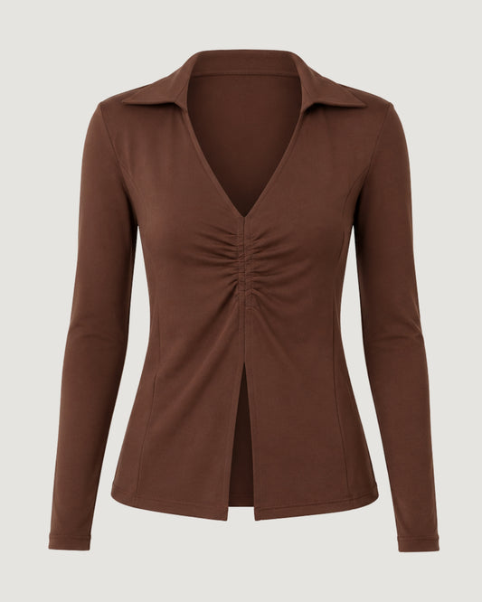 BLUSA DE MALHA COM DETALHE FRANZIDO TOBACCO ( MARROM ESCURO)