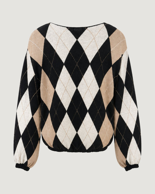 BLUSA TRICOT DECOTE V PRETO/OFF/BEGE