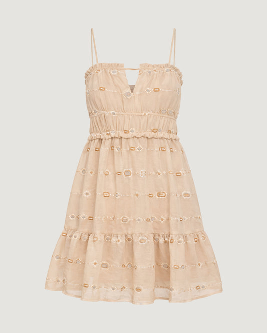 VESTIDO CURTO FRANZIDO COM BORDADOS BEGE