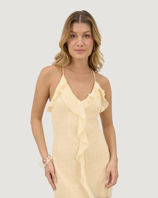 VESTIDO LONGO BABADOS LUREX AMARELO