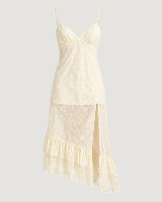 VESTIDO DE RENDA COM BABADOS OFF WHITE