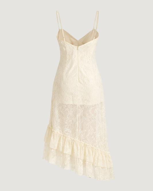 VESTIDO DE RENDA COM BABADOS OFF WHITE