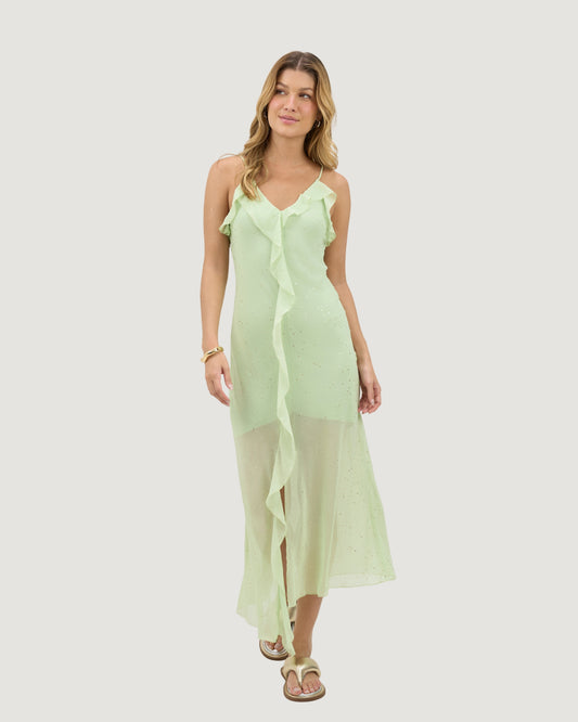 VESTIDO LONGO BABADOS VERDE