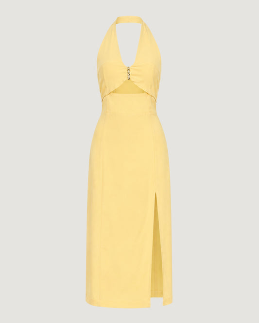 VESTIDO FRENTE U COM AVIAMENTO BUSTO AMARELO