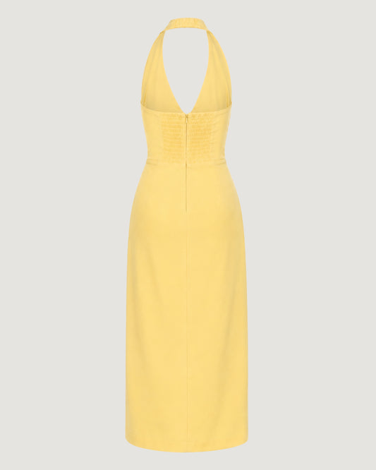 VESTIDO FRENTE U COM AVIAMENTO BUSTO AMARELO
