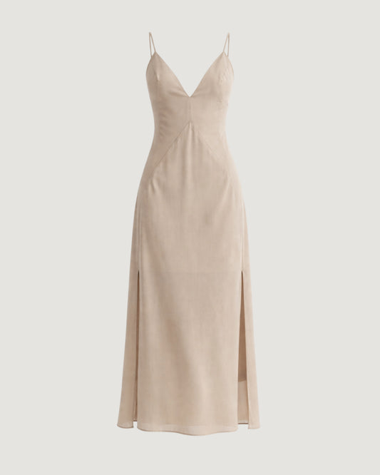 VESTIDO LONGO COM FENDAS LATERAIS BEGE ESCURO