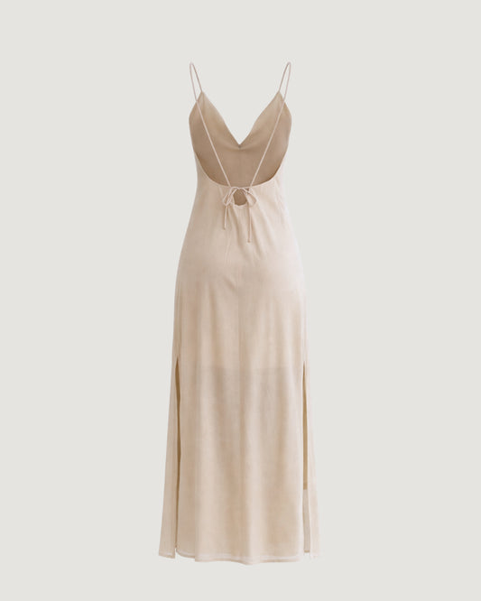 VESTIDO LONGO COM FENDAS LATERAIS BEGE ESCURO