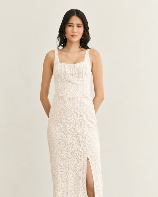 VESTIDO MIDI DE RENDA COM FENDA OFF WHITE