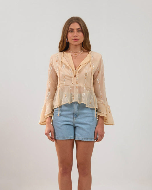 BLUSA DUPLA COM  BABADOS BEGE