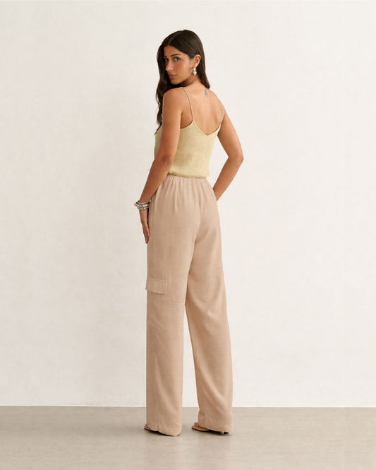 CALÇA CARGO LINHO AMARRAÇÃO BEGE