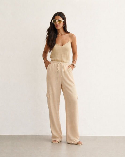 CALÇA CARGO LINHO AMARRAÇÃO BEGE