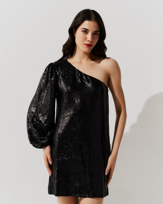 Vestido Vancouver Paetê um Ombro Só Preto UNICA