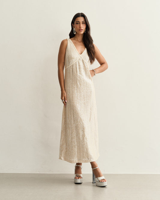 VESTIDO PAETE DECOTE V CRU