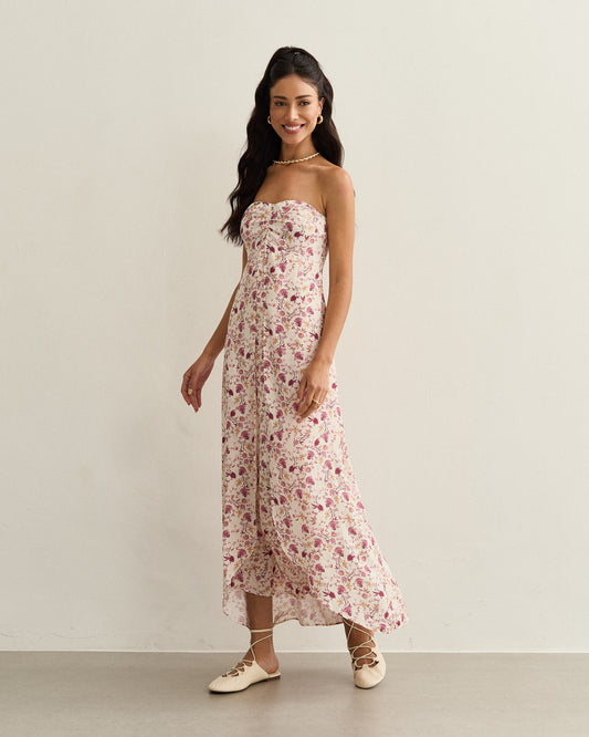 VESTIDO SEM ALÇAS COM FENDAS FLORAL