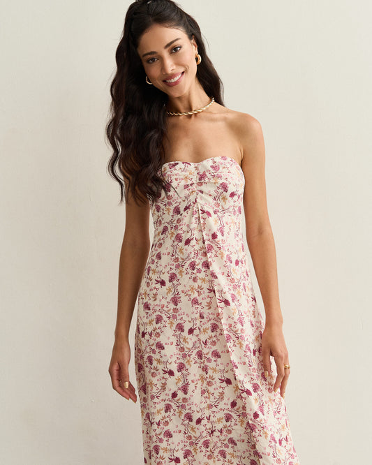 VESTIDO SEM ALÇAS COM FENDAS FLORAL
