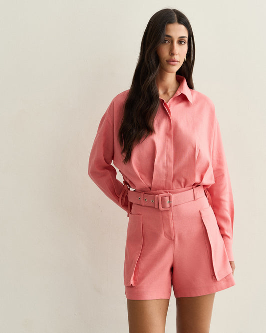 CAMISA MANGA LONGA COM PREGAS CORAL