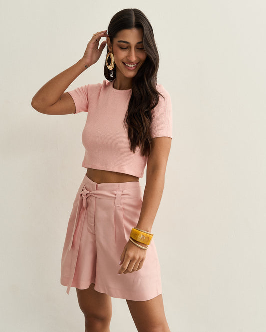 SHORTS DE  ALFAIATARIA COM CINTO ROSA