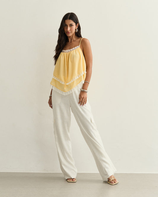 REGATA CHIFFON RENDA AMARELO