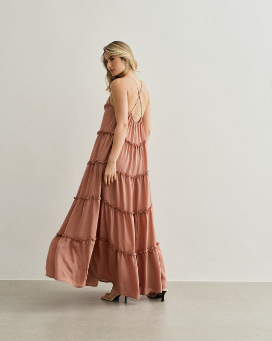 VESTIDO RECORTE BABADINHO MARROM